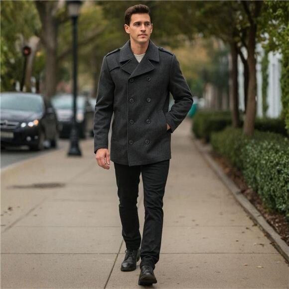 Mens Wool Pea Coat Double Breasted Peacoat Jacket - Picture 4 of 7